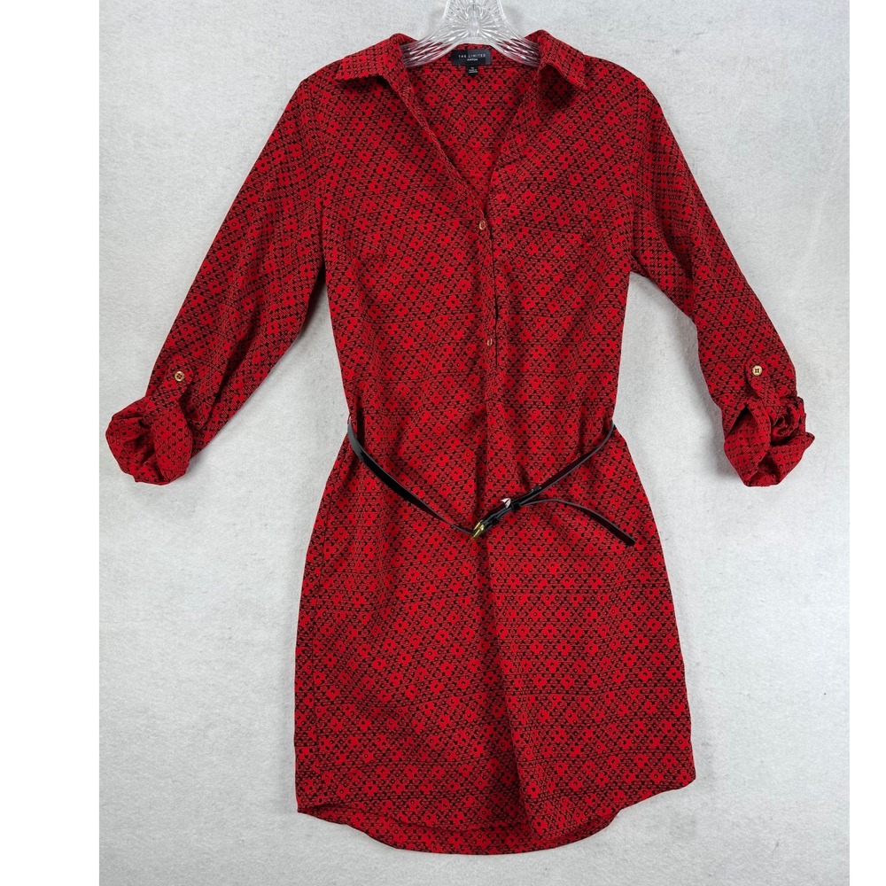 The Limited Ashton Red Black Geometric Print Shirt Dress‎ with Belt Womens XS